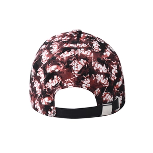 Detail view of the baseball cap's adjustable back strap with silver metal buckle