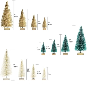 Miniature Christmas trees in gold, green, and white with wood base sizes comparison