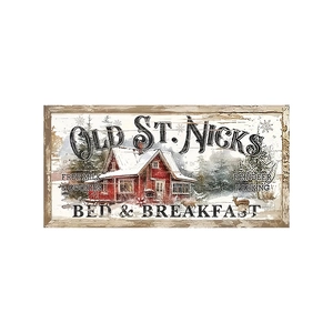 Rustic American Christmas wooden welcome sign featuring St. Nick's cottage winter scene