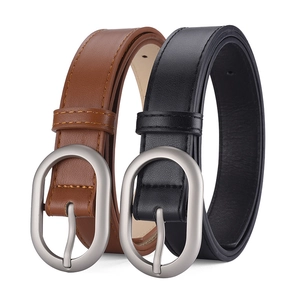 Slim PU leather belts in black and brown with oval silver buckles for women trousers