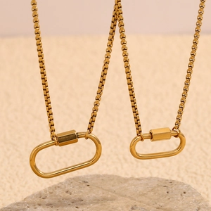 Minimalist 18K gold plated stainless steel box chain necklace with oval carabiner pendant