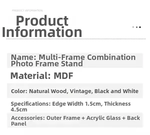 Detailed specification sheet for multi-frame MDF wooden photo frames with size dimensions