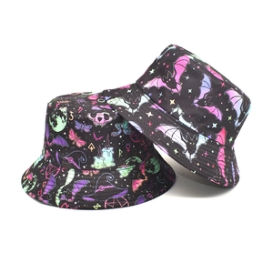 Neon gothic bat and starry sky print bucket hat in black for men and women