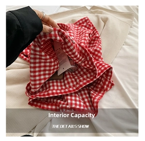 Detail showing the inner capacity of a red and white checkered tote bag for skincare items