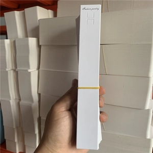 Close-up of white paper jewelry display cards featuring Fashion Jewelry branding
