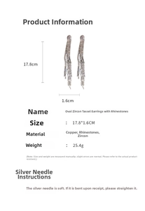 Detailed size parameters of 17.8cm long tassel earrings with oval cubic zirconia