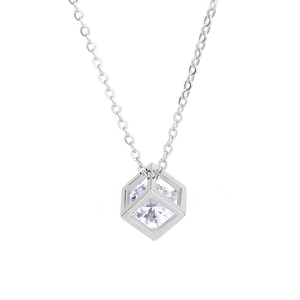 Minimalist silver titanium steel necklace with hollow cube cubic zirconia pendant