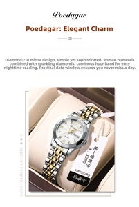 Macro detail of Poedagar luxury watch with steel-gold band and luminous dual calendar display