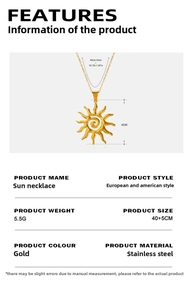 Detailed spec chart of gold sun pendant necklace with 40+5cm chain and 4cm diameter