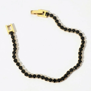 Gold tennis bracelet with round black cubic zirconia and secure folding clasp