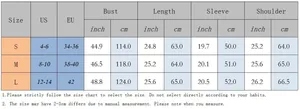 Detailed size chart for polka dot hoodie showing US and EU measurements and garment dimensions