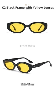 Detail view of retro oval sunglasses with black frames and translucent yellow lenses
