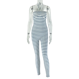 Close-up of blue and white striped halter neck jumpsuit with a slim fit bodice