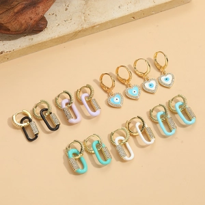 Vintage Copper Heart Evil Eye Drop Earrings For Women Gold Plated Zirconia Enamel Colorful Hoop Earrings Fashion Jewelry Gift