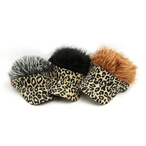 Leopard print baseball caps with novelty wig hair in silver, black and brown colors