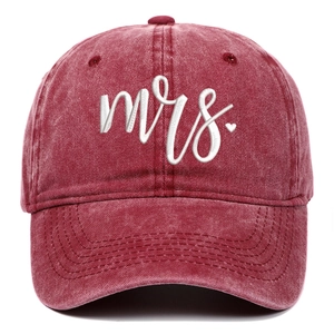 Detail of Mrs. embroidery and heart on a washed burgundy vintage baseball cap