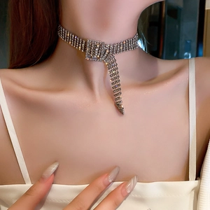 Detail eines silbernen Strass-Chokers mit einzigartigem Gürtelschnallen-Design am Model