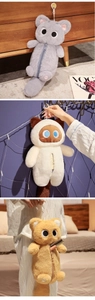Detailed plush cat pencil cases in grey, beige, and yellow with functional hanging hooks