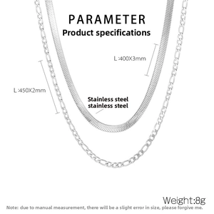 Detailed specs of double-layered stainless steel snake and Figaro chain necklaces