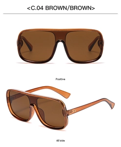 Front and 45-degree side view of oversized brown aviator sunglasses with clear frame