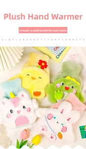 Detailed view of plush hand warmer bags in cute duck, rabbit, and dinosaur shapes