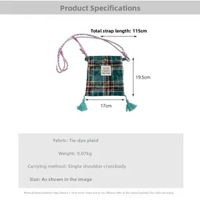 Detailed specs of tie-dye plaid crossbody bag with purple rope strap and teal tassel