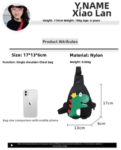 Detailed view of kids dinosaur chest bag in black nylon with size and weight metrics