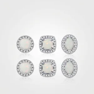 Geometric Synthetic Opal Stud Earrings With 925 Sterling Silver Earring Post Zircon Halo Vintage Jewelry For Women