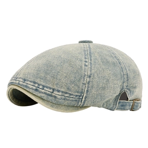 Vintage light blue washed denim beret cap with metal buckle and six-panel stitch detail