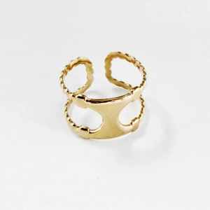 Golden double-layer open stainless steel ring with geometric hollow H design and bead texture
