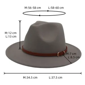 Detailed size chart for grey cashmere fedora hat with brown leather belt and buckle