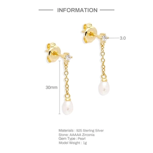 Detail of 925 sterling silver tassel earrings with 5A zirconia and elegant pearl drops