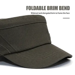 Men's cotton flat top military cap with wide foldable brim and olive green canvas texture