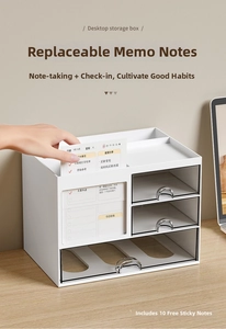 Close-up of white desk organizer with three transparent drawers and functional card slot