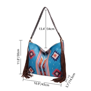 Detailed dimensions of large bohemian hobo bag with blue tribal patterns and long tassels