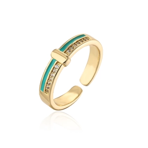 Detail of gold plated adjustable ring with teal enamel inlay and white zircon stones