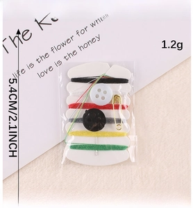 Macro view of a portable mini sewing kit with 6 threads, needles, buttons, and pins