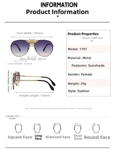 Detailed size chart of pilot sunglasses with gold bee accent and gradient purple lenses