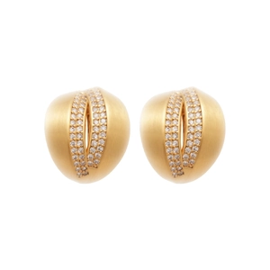 18K brushed gold C-shaped earrings featuring luxury zircon pavé in a teardrop profile