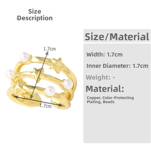 Detailed size measurement of triple layer gold star and pearl open ring showing 1.7cm width