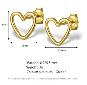 Detail showing S925 sterling silver hollow heart stud earrings with 9mm size dimensions