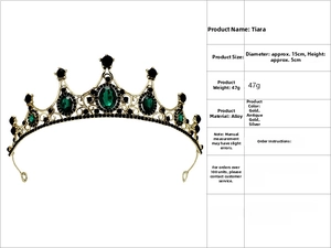 Detail showing dimensions of vintage gold princess crown with green and black gemstones