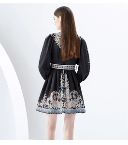 Detailed back view of a black mini dress featuring vibrant ethnic prints and balloon sleeves