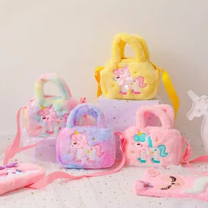 Plush unicorn crossbody bag for girls with soft fur and colorful embroidery detail
