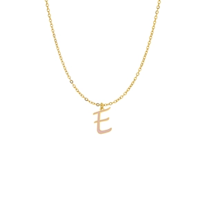 Detail of gold chain necklace featuring a pink enamel letter E pendant on white background