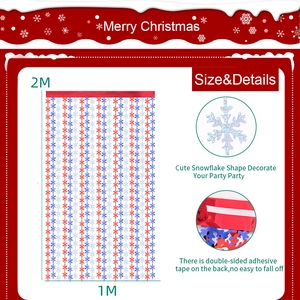 Detailed infographic of a 1x2m laser foil curtain with red, blue, and silver snowflakes