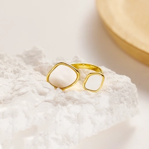 Adjustable Open Ring Stainless Steel White Shell Inlay Asymmetrical Geometric Vintage Elegant Jewelry For Women