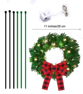Couronne de Noël LED avec nœud rouge, boîtier piles et attaches pour décoration voiture
