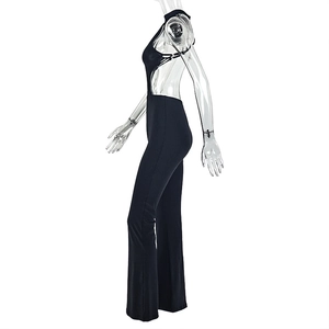 Detail of black cut-out jumpsuit with side lace-up design on a transparent model