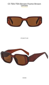 Detail view of tea-colored rectangular sunglasses featuring thick temples and 7903 model